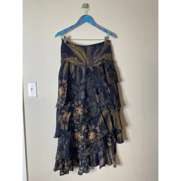 FARM RIO Golden Foliage Layered Asymmetrical Ruffle Maxi Skirt Medium - Picture 9 of 9